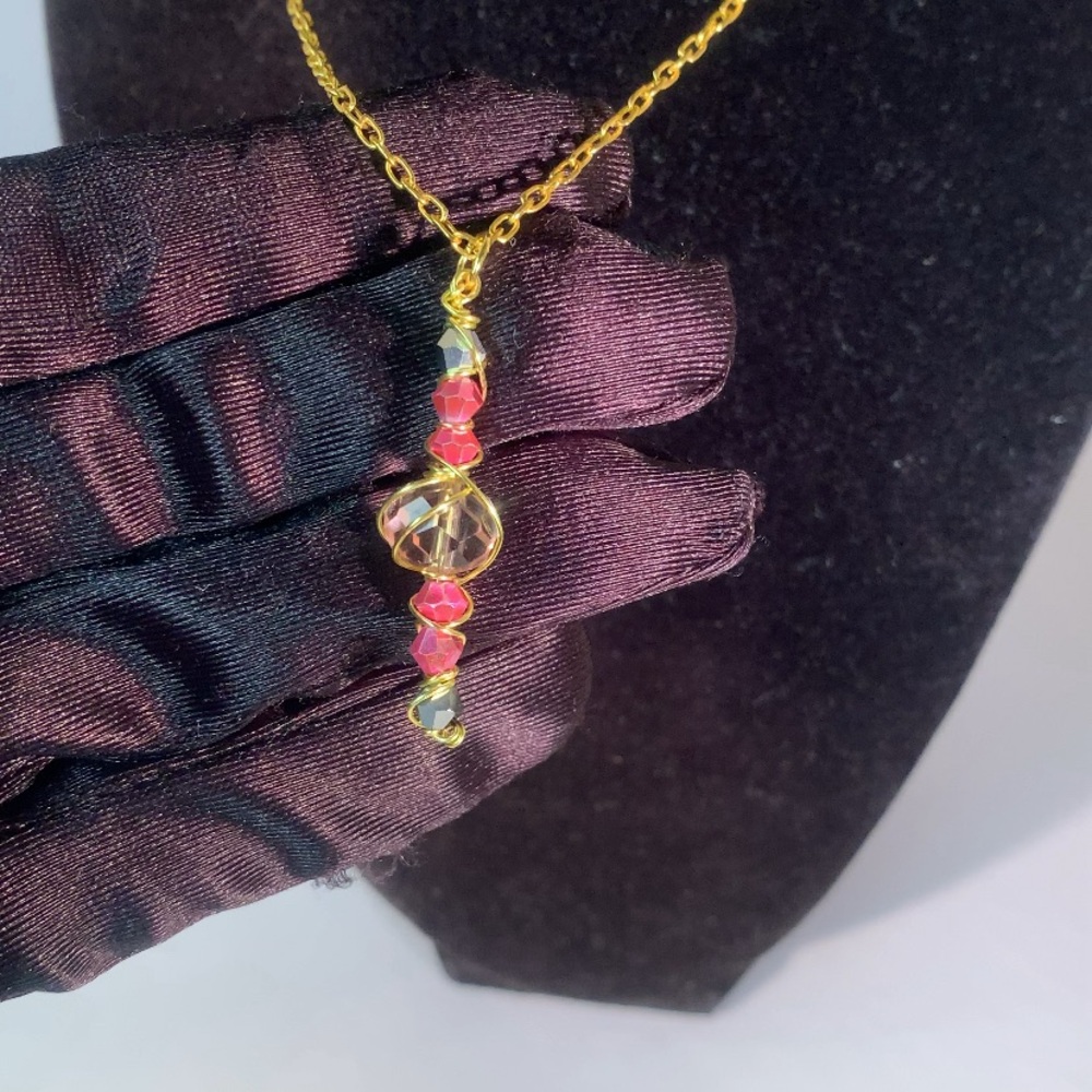 BLUSH DROPLET — Handcrafted Pink & Gold Glass Bead Wire Wrapped Pendant Necklace